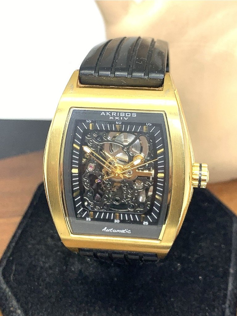 Akribos Mens Watch Automatic Gold Black Skeleton Dial Black Rubber Strap 40mm